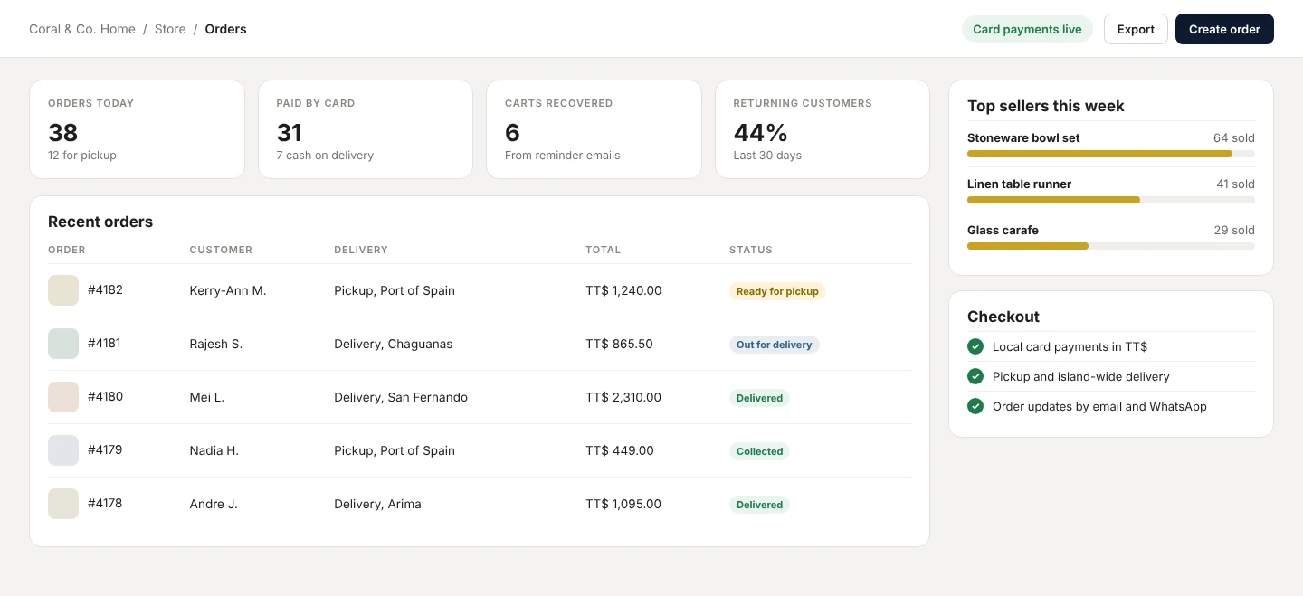 Online store orders with pickup, delivery and card payment status