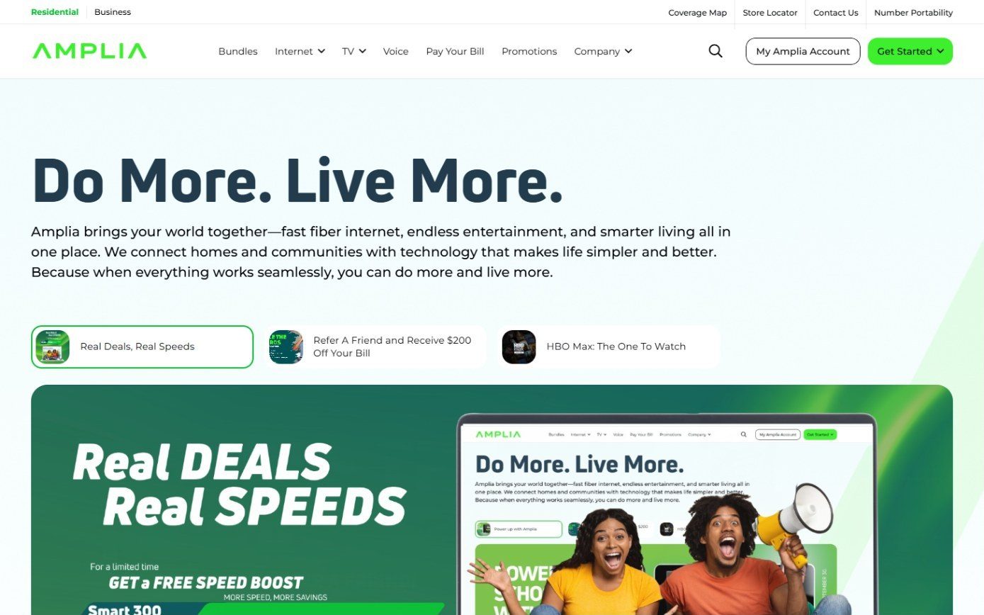 Amplia homepage reading Do More. Live More. with the Real Deals, Real Speeds slide