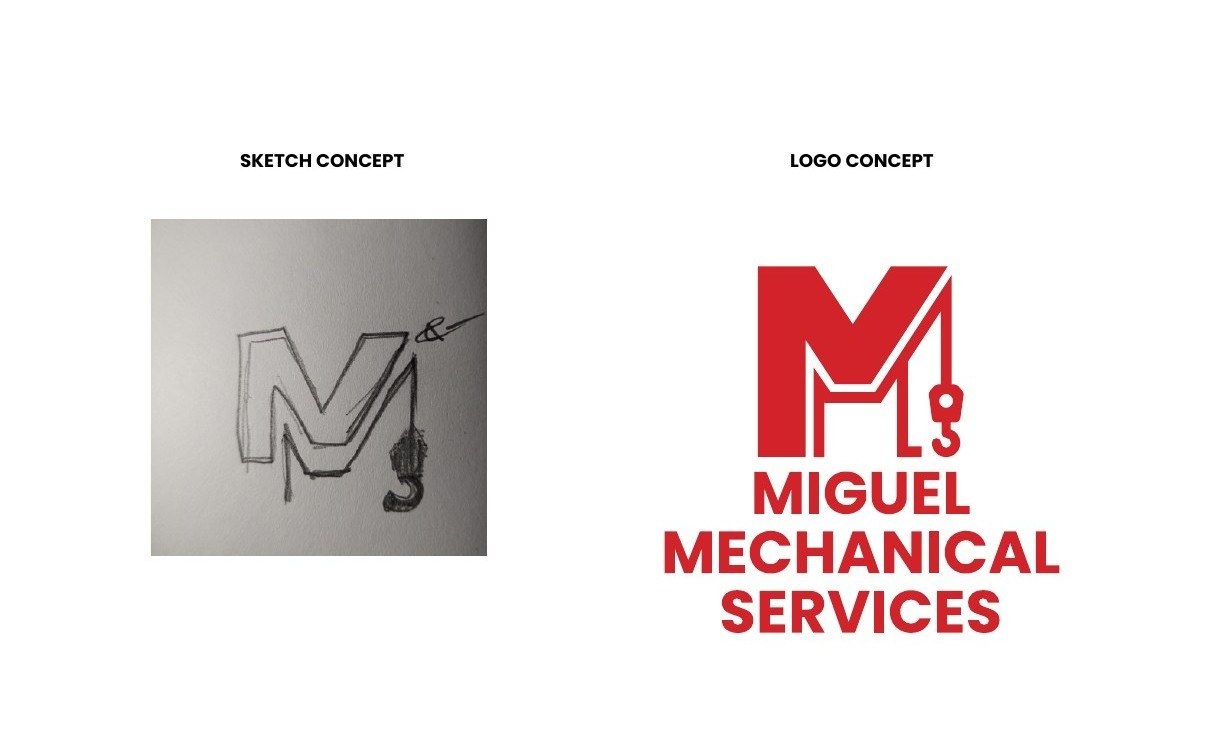 Pencil sketch of the M with a hook beside the finished red Miguel Mechanical Services logo