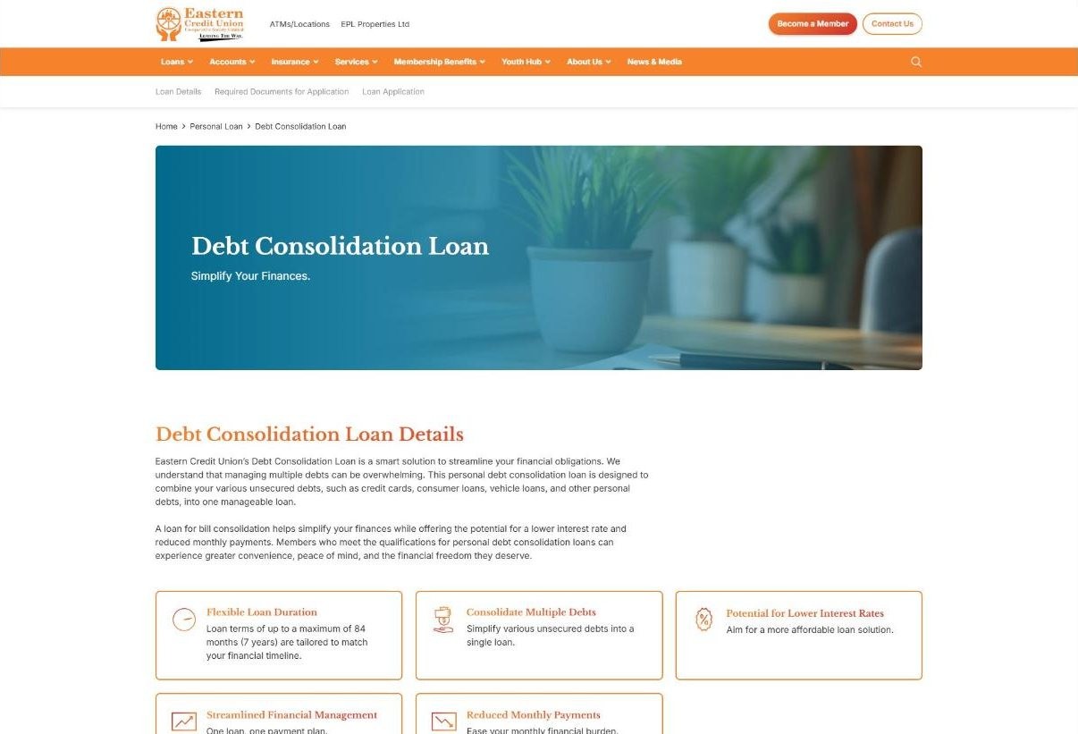 Eastern Credit Union debt consolidation loan page with repayment information