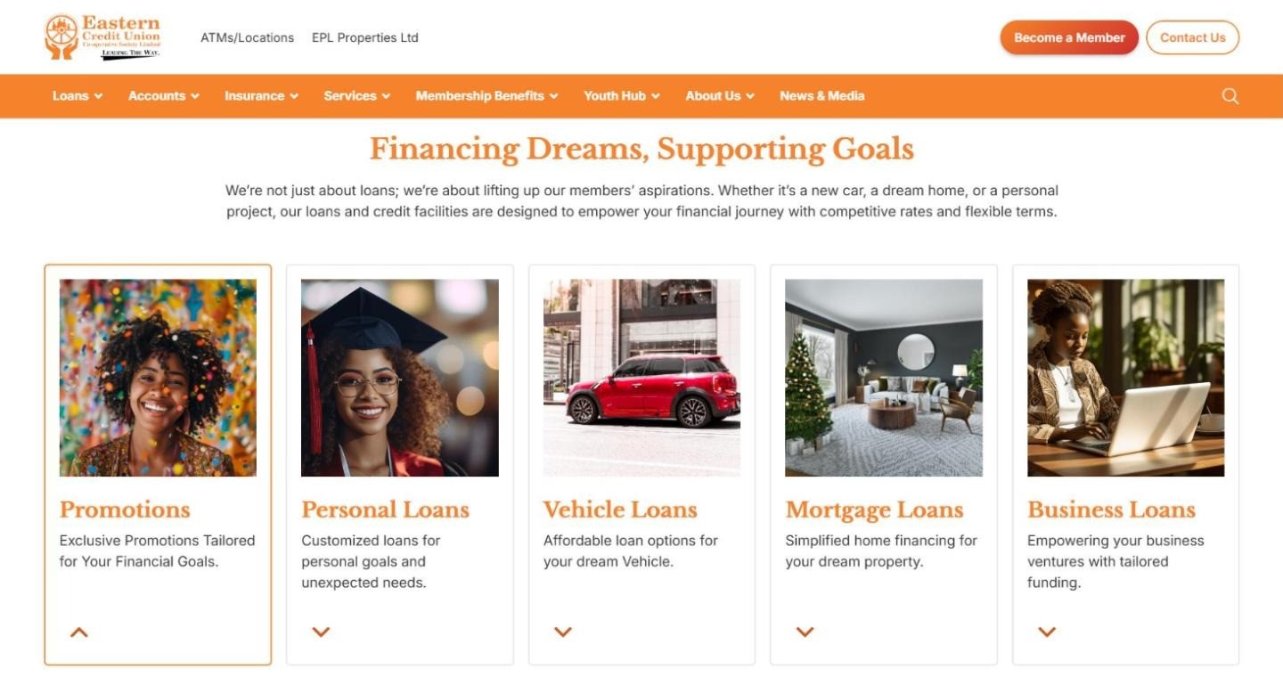 Eastern Credit Union loans page showing borrowing options for members