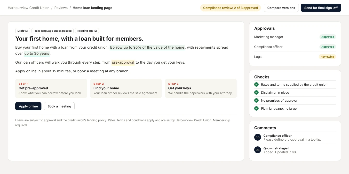 Compliance review of a home loan page with approvals and checks
