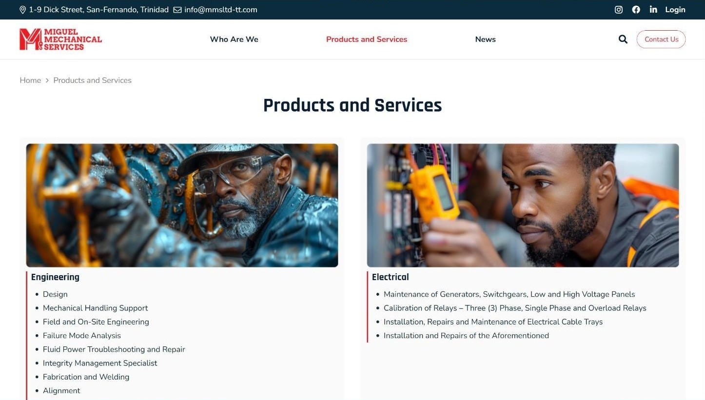 Products and Services page with Engineering and Electrical service lists