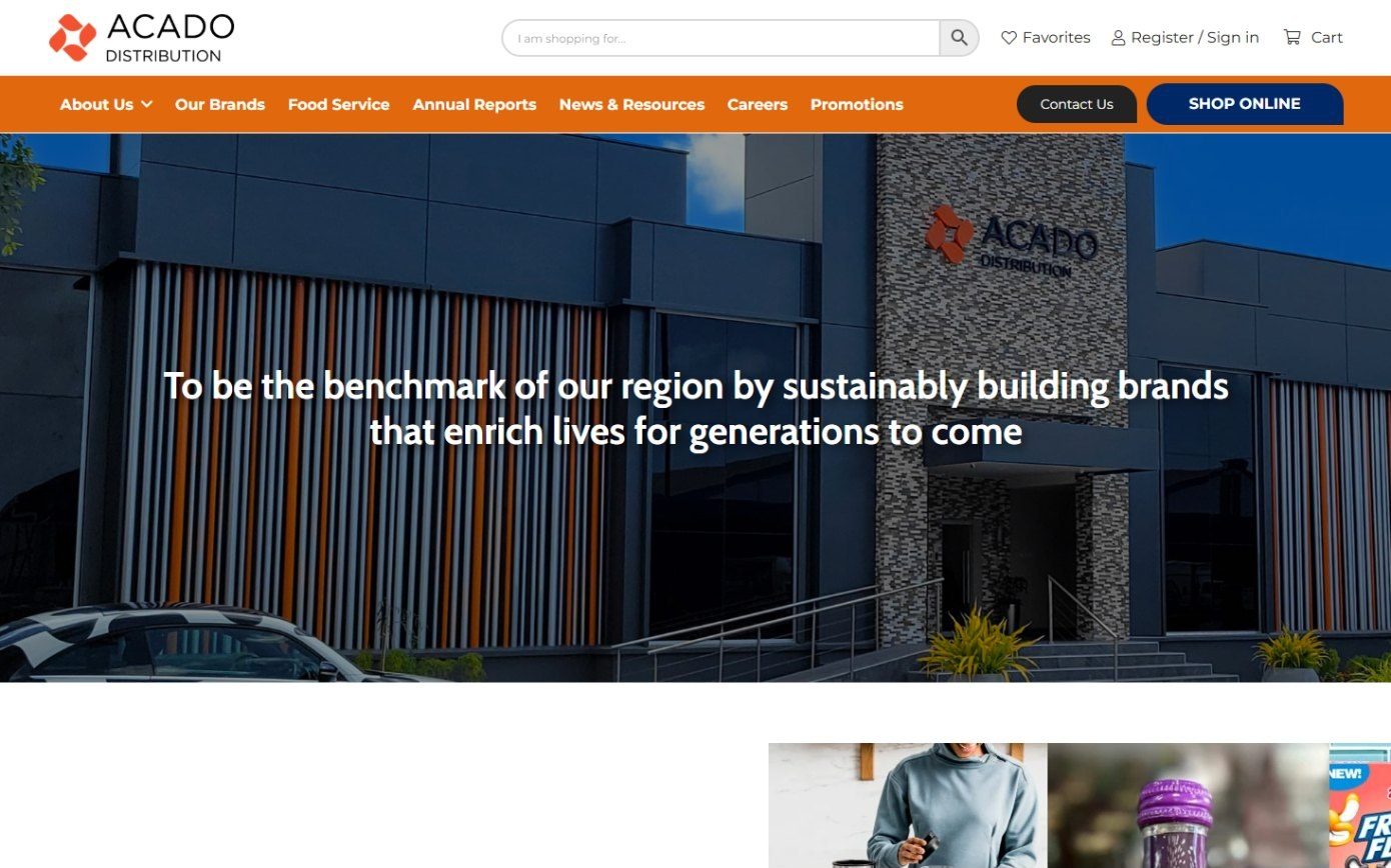 Acado Distribution homepage with the head office and a Shop Online button in the header