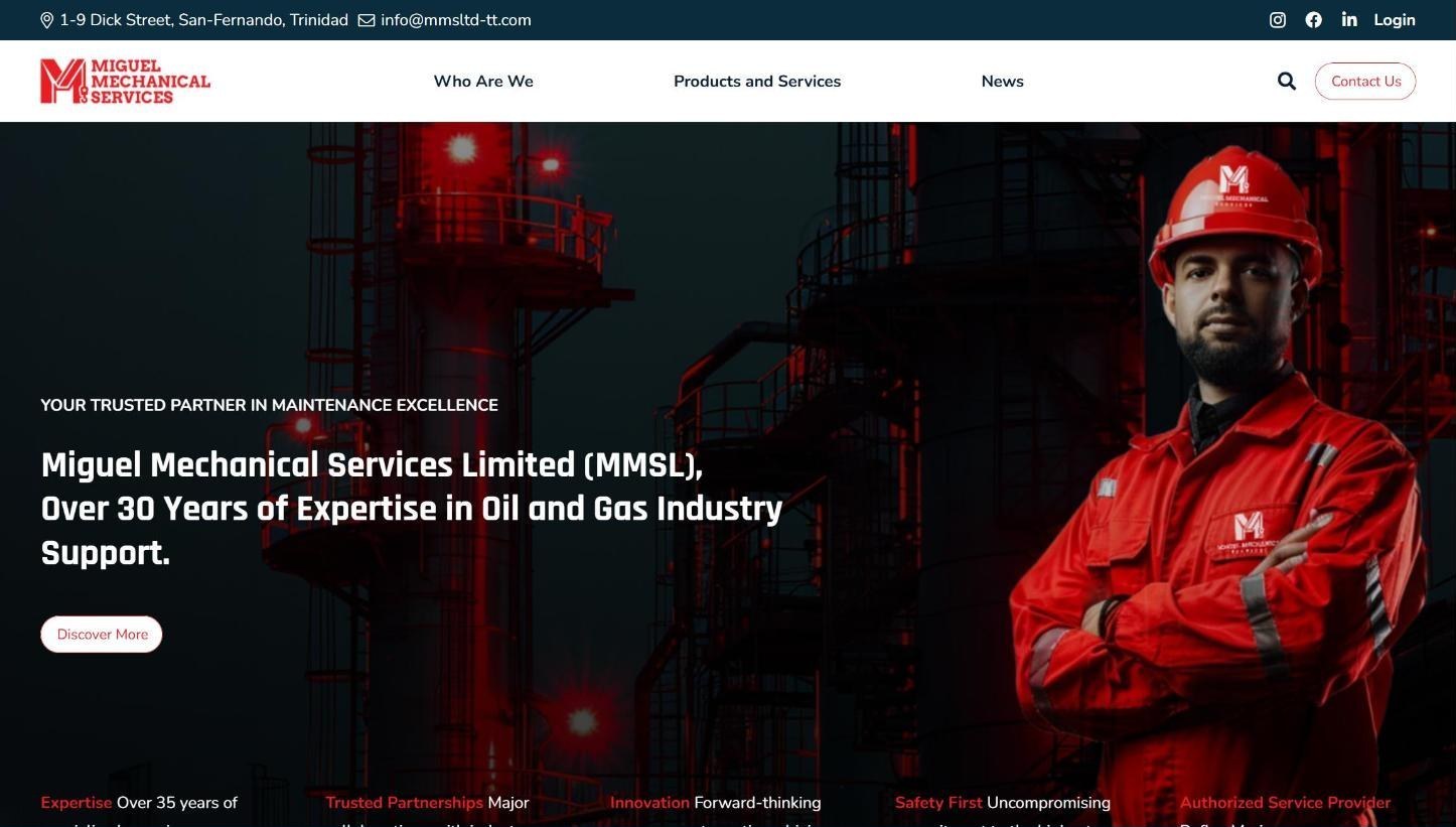 Miguel Mechanical homepage with the new logo and the line Over 30 Years of Expertise in Oil and Gas Industry Support