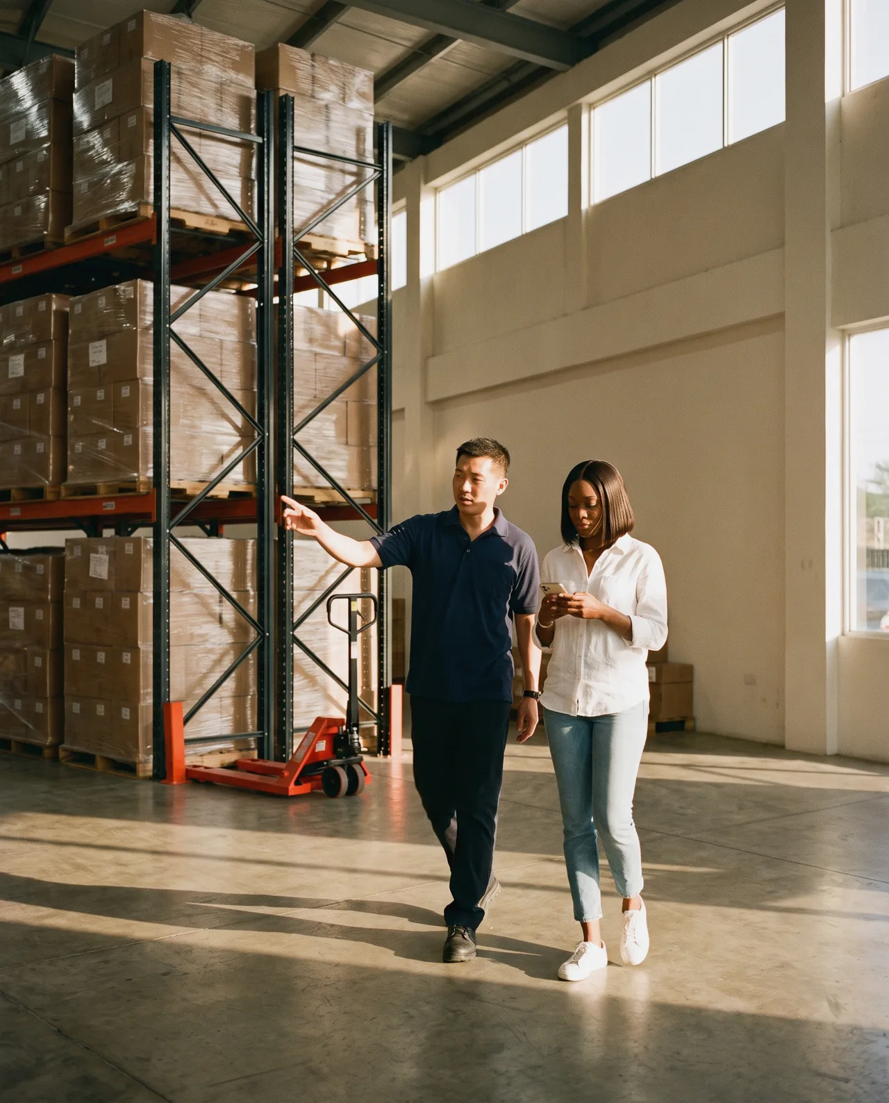 Warehouse lead walking a buyer past pallet racking