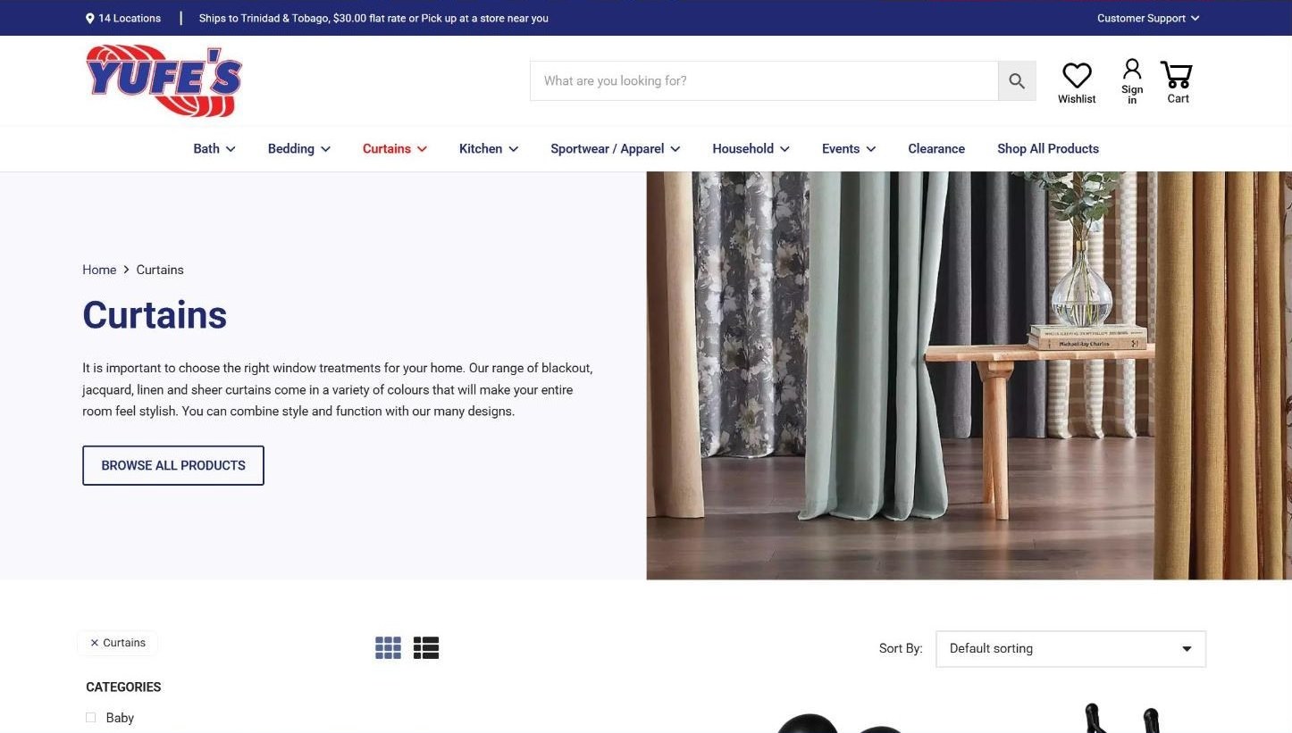 Curtains category page with a Browse All Products button