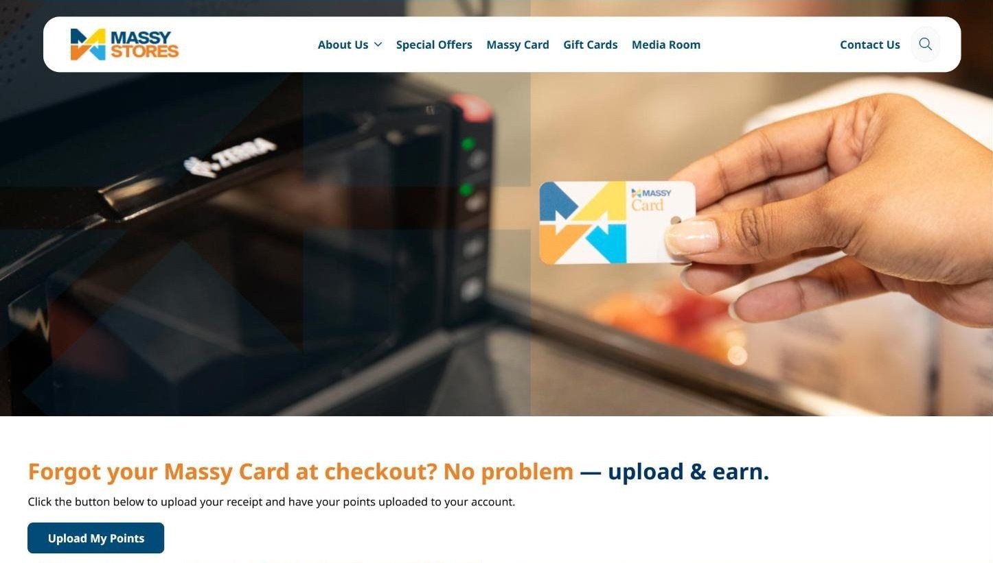 Massy Card page reading Forgot your Massy Card at checkout? No problem, upload and earn