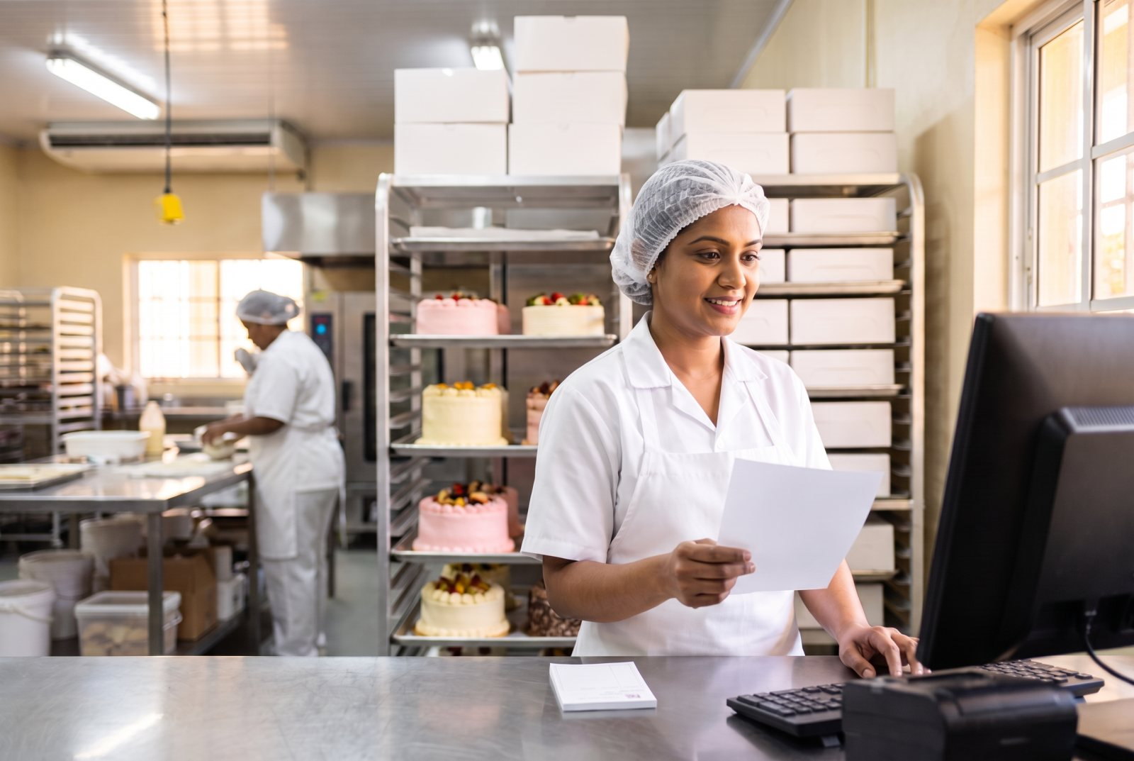 Bakery staff member checking an order slip against a computer at the order desk