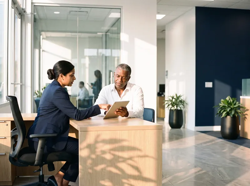 Member services officer helping a member open an account on a tablet in a modern credit union branch