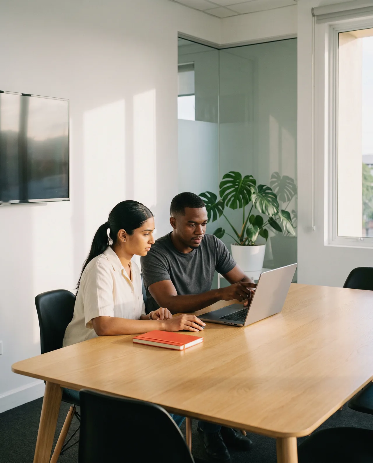 Designer and developer reviewing work on a laptop