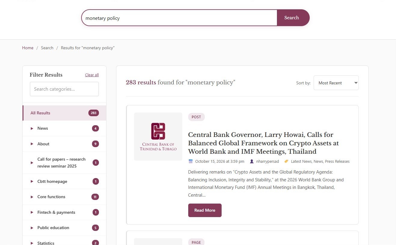 Central Bank search results grouped by type with filters and sorting