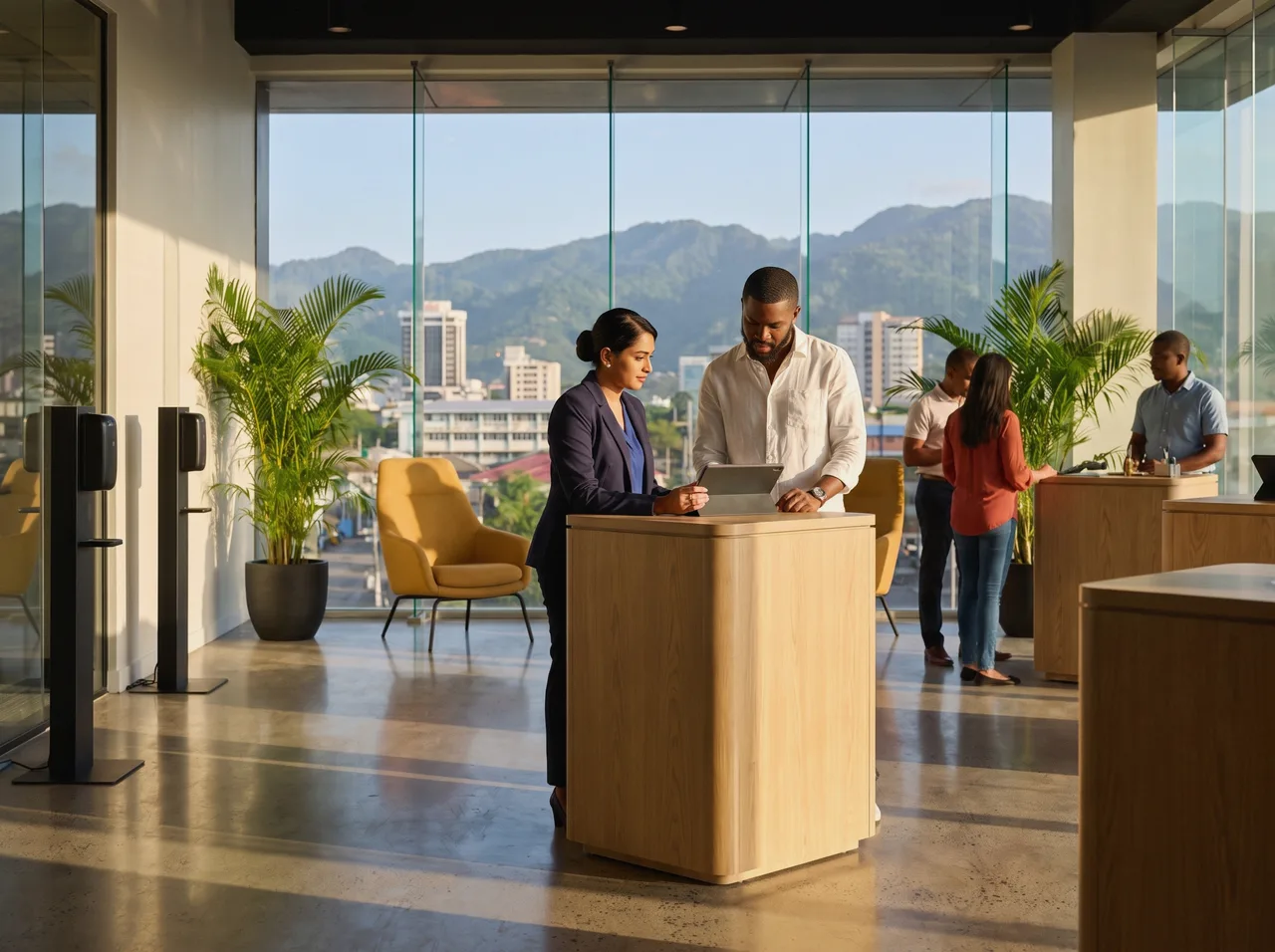 Member services officer helping a member open an account on a tablet in a modern credit union branch