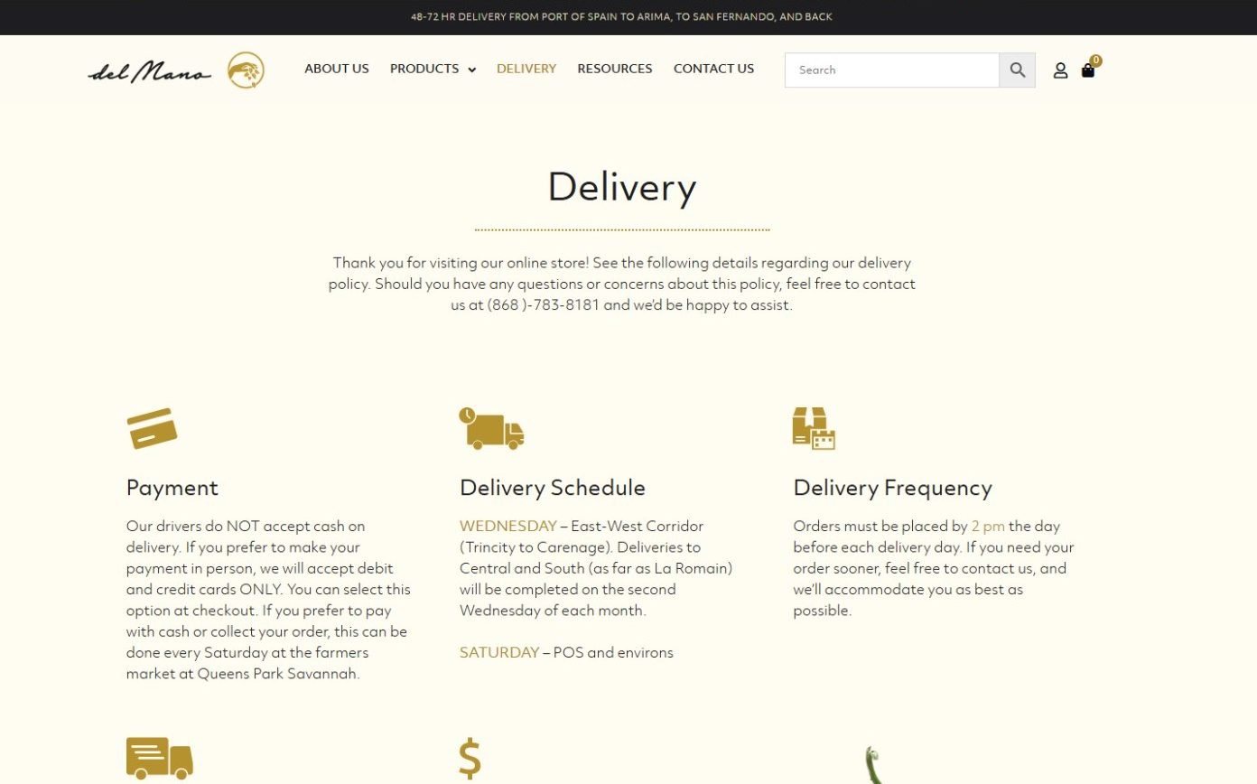 Delivery page explaining payment, delivery days and order cut-off times