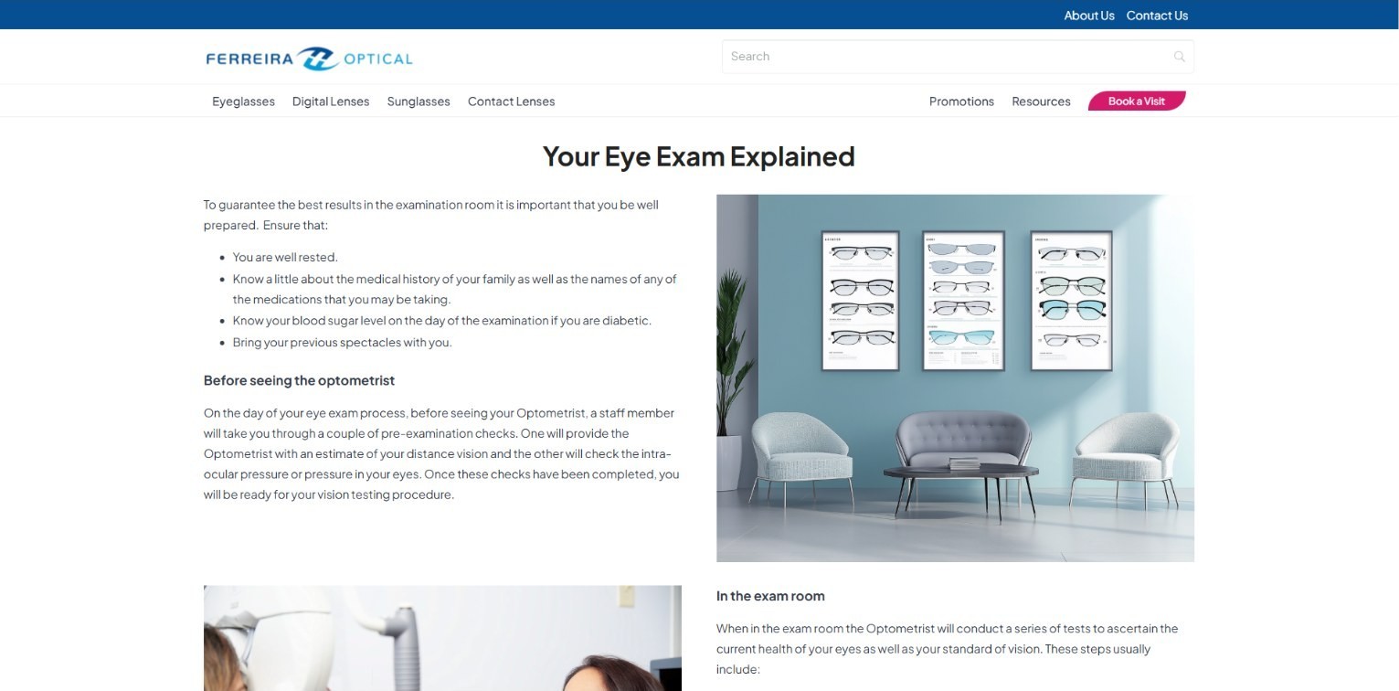 Page explaining what happens during an eye exam at Ferreira Optical