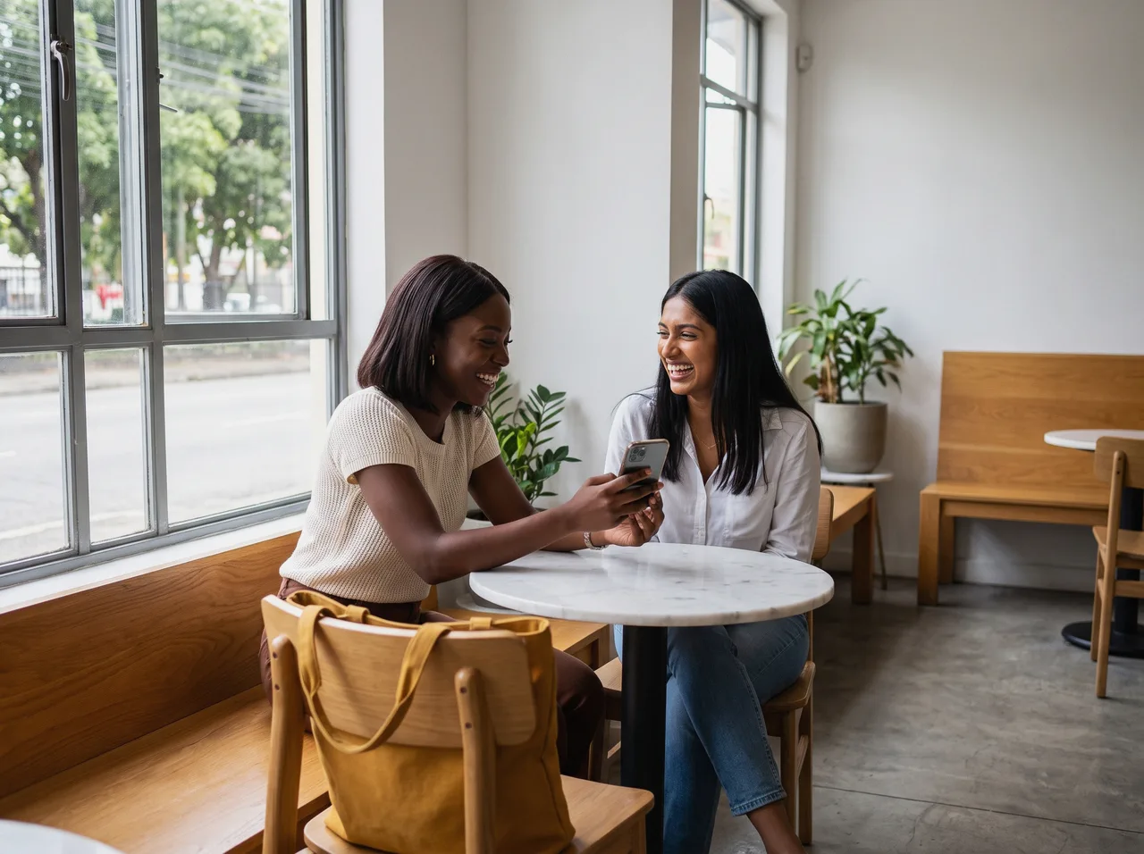 Friend showing another friend a business on her phone in a cafe