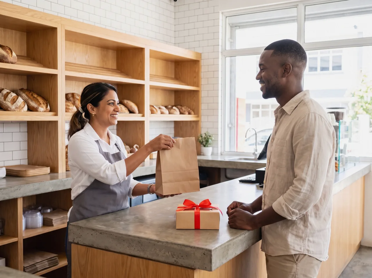 Bakery owner handing a regular customer his order