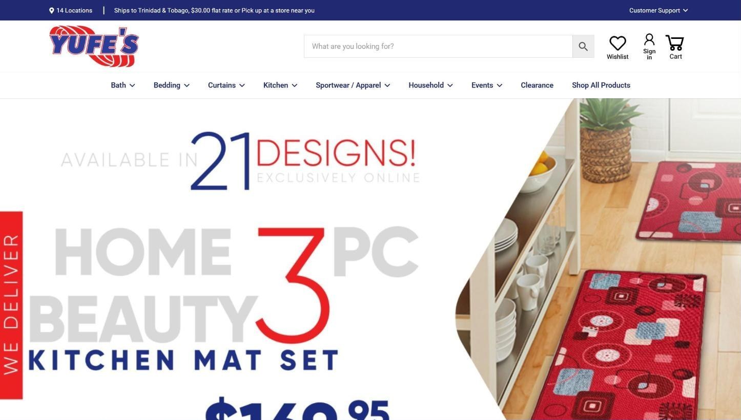 Yufe's homepage with the delivery and pickup bar, a product search and nine department menus