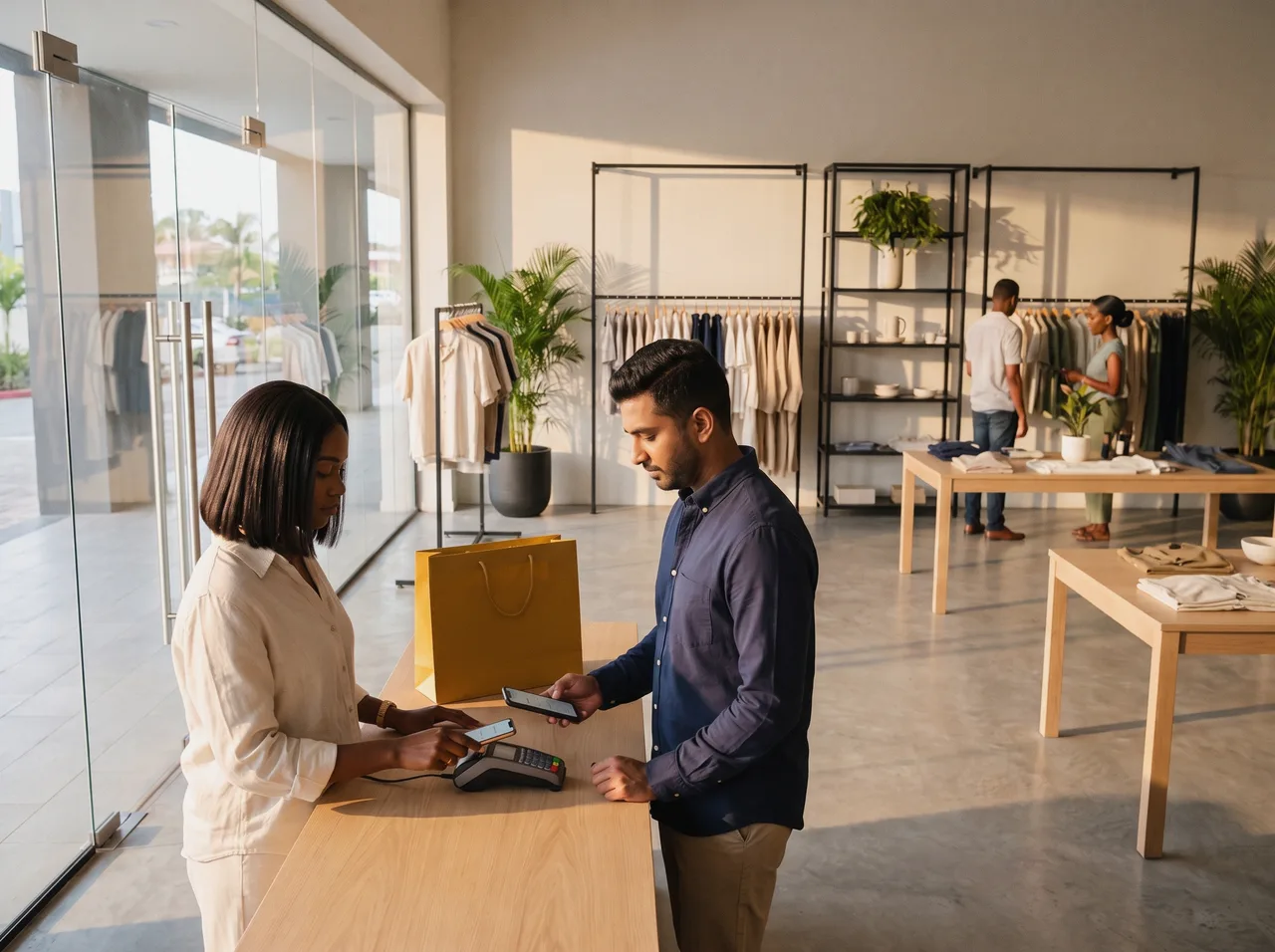 Cashier taking a card tap payment from a customer at the counter of a bright clothing store