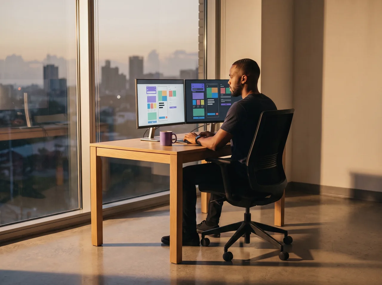 Developer working at two monitors