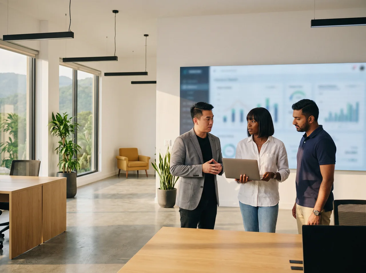 Product team talking through a laptop in an open office with a dashboard wall