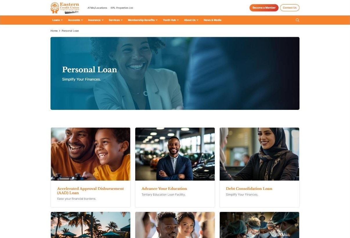 Eastern Credit Union personal loans page with eligibility and application information