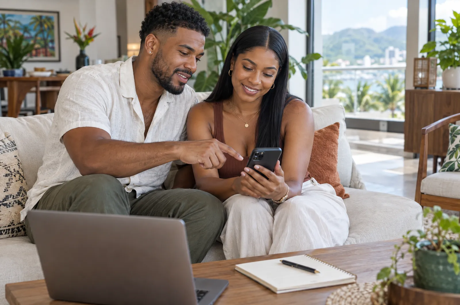 Couple reviewing their savings on a phone at home
