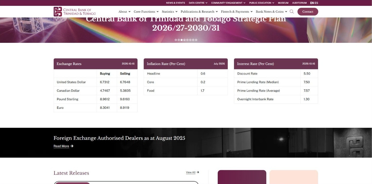 Central Bank homepage panel showing the key rates people check most