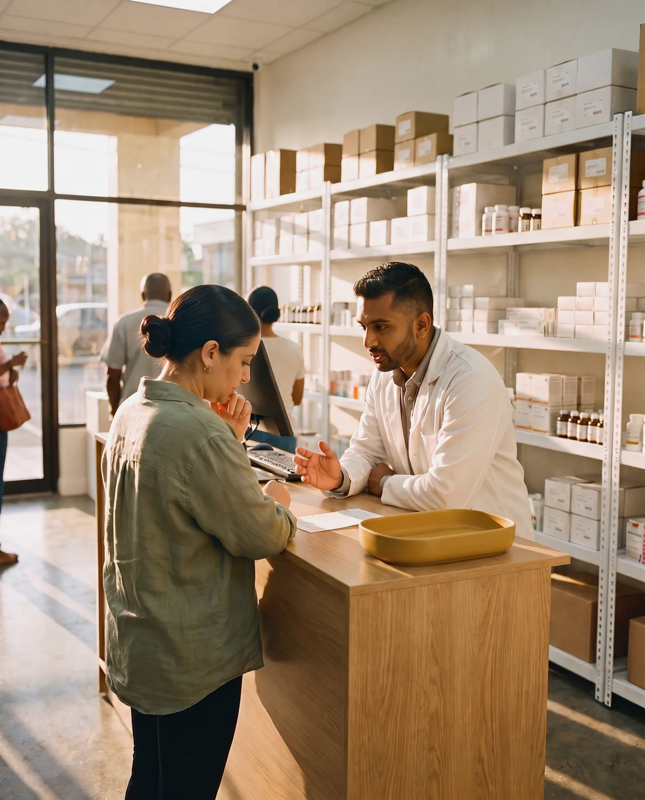 Pharmacist explaining a prescription to a customer at the counter