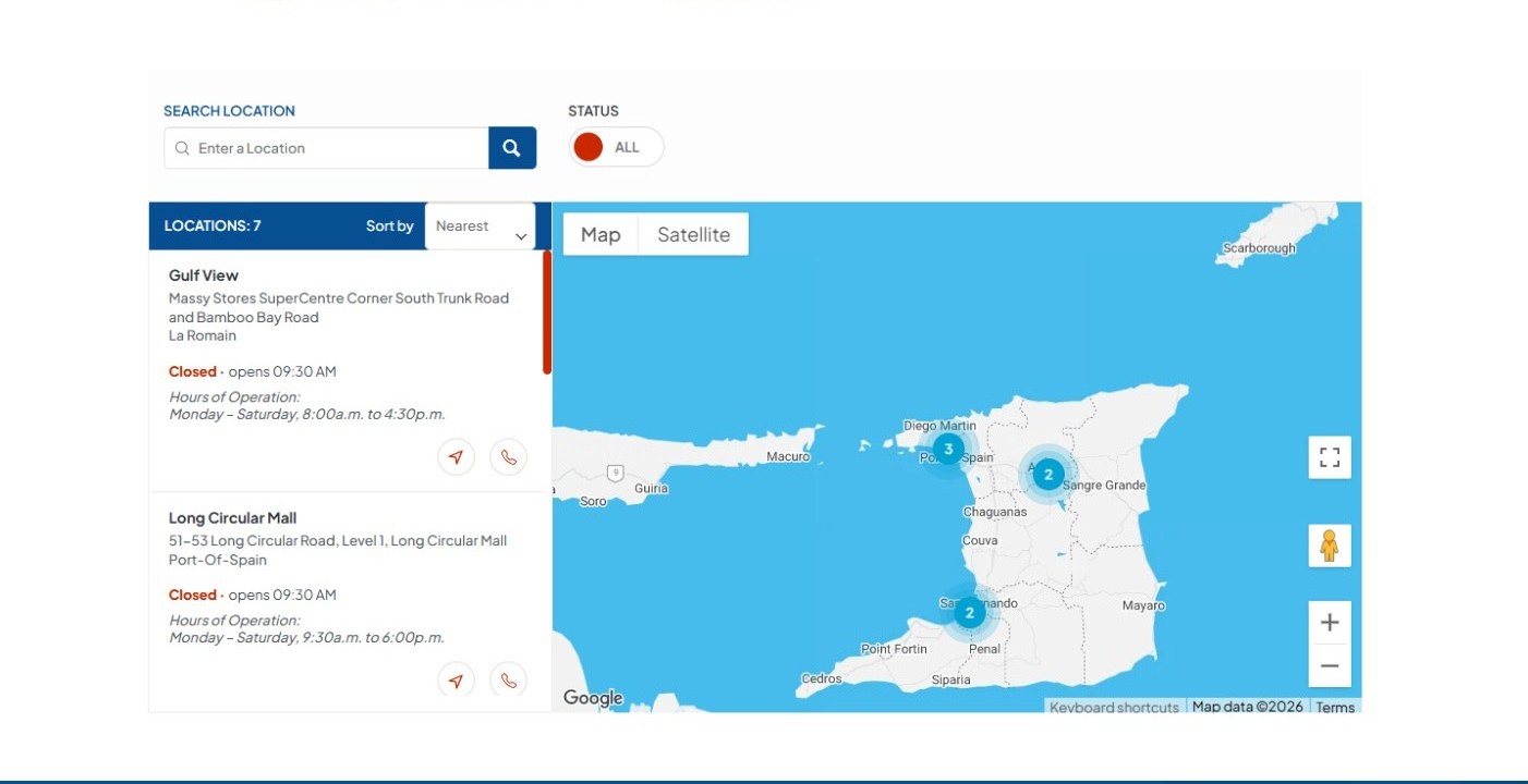 Store locator map of seven Ferreira Optical branches with open status