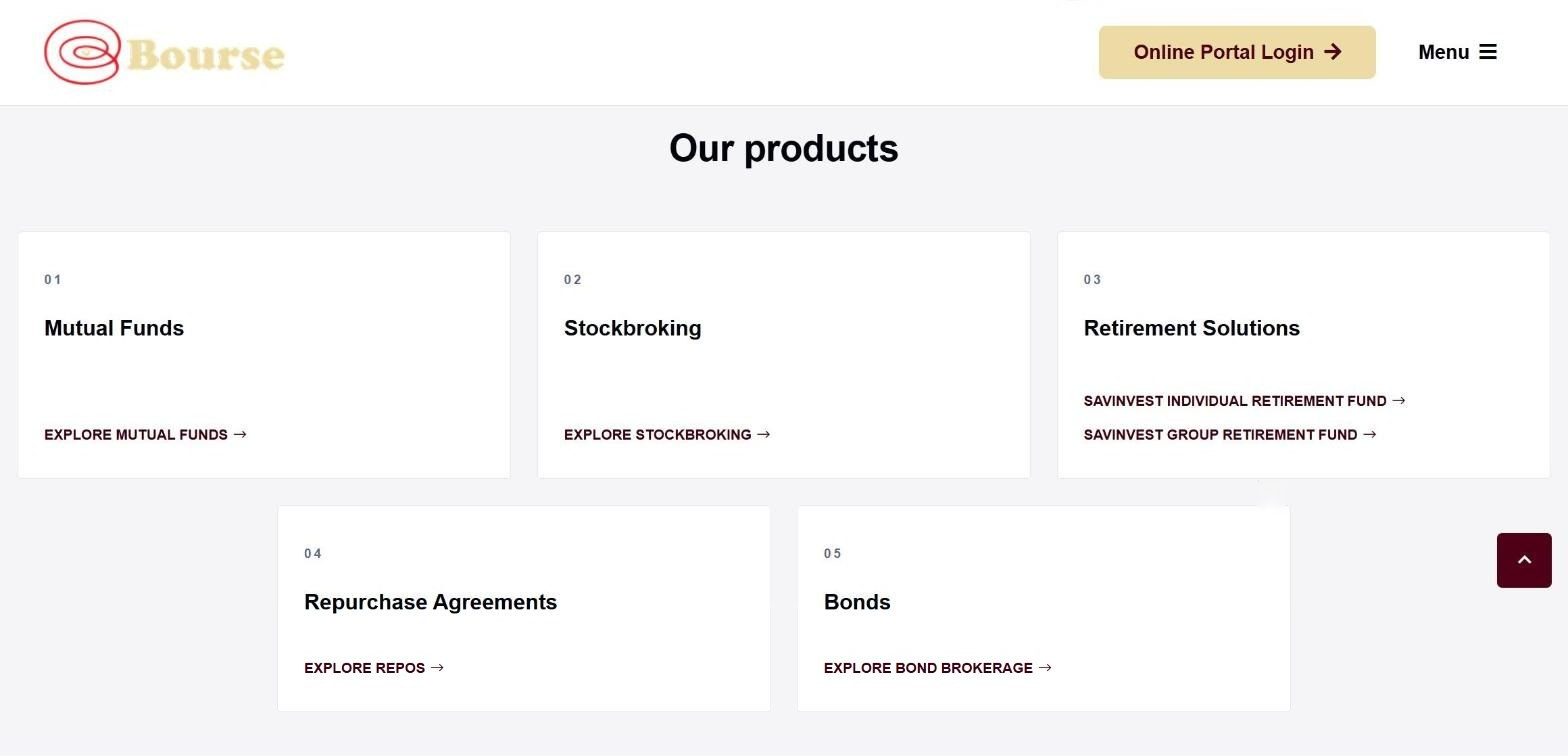 Campaign page listing five Bourse products