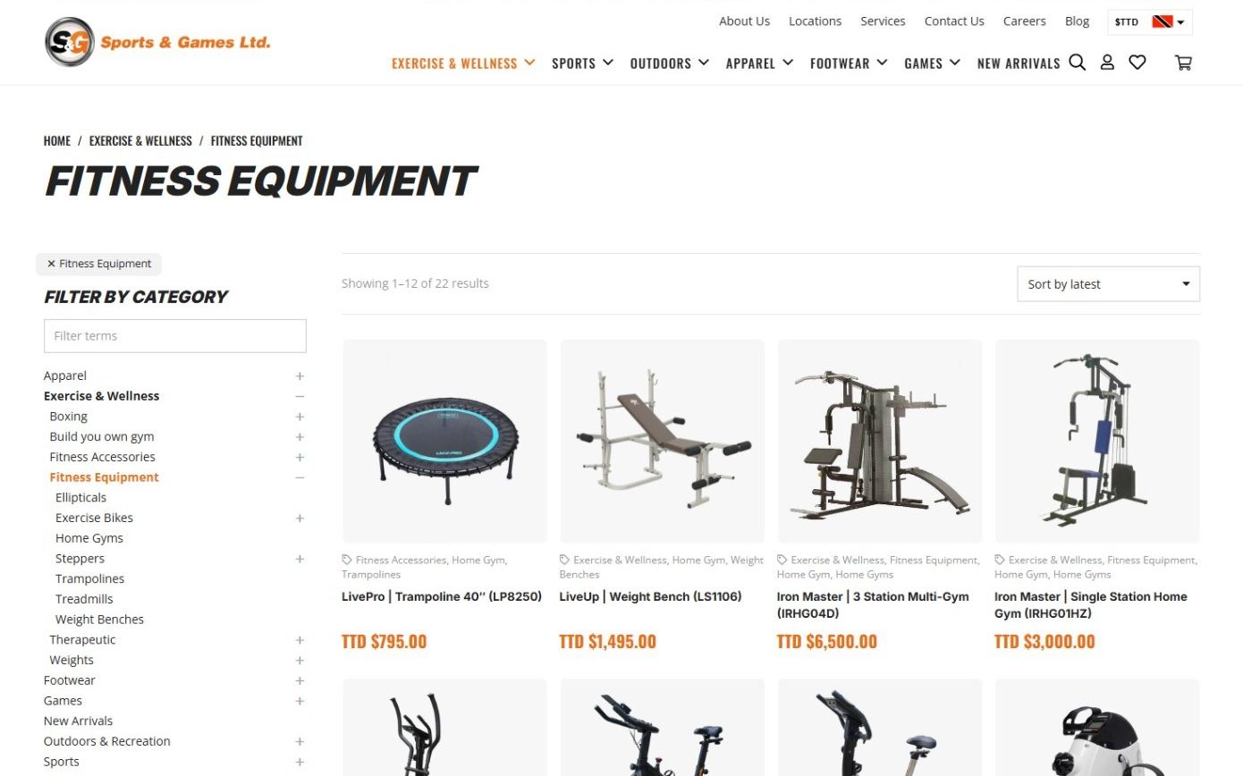 Fitness Equipment category with a category tree and 22 products