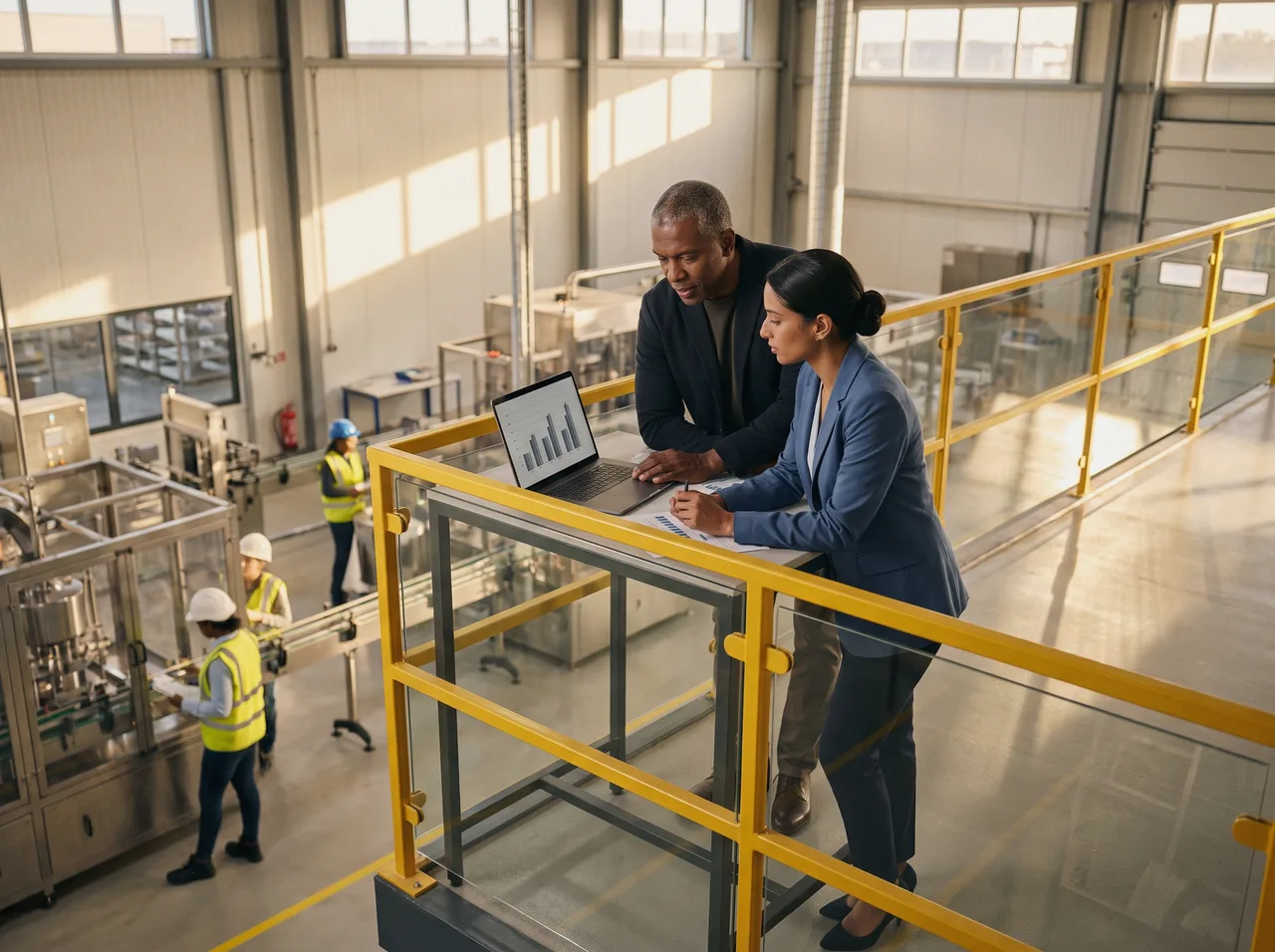 Operations director and strategist reviewing a plan above the production floor