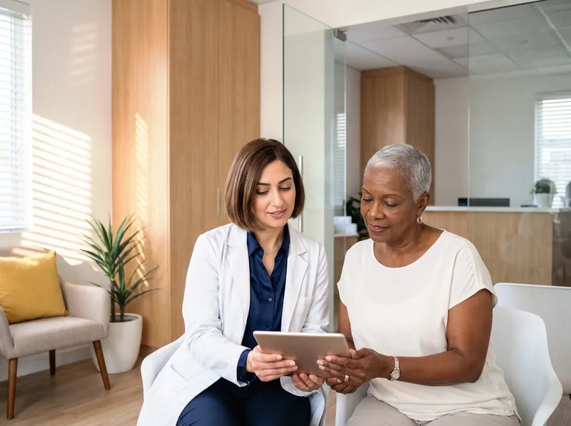 Doctor going through results on a tablet with a patient in a modern clinic