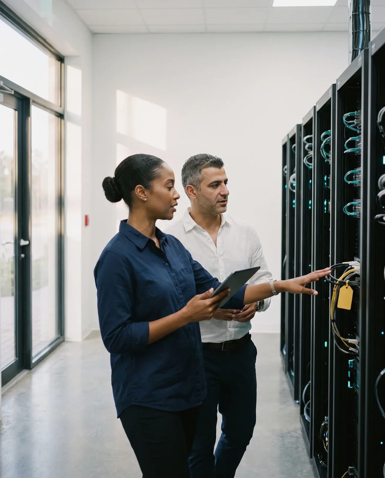 Engineer and manager checking server racks