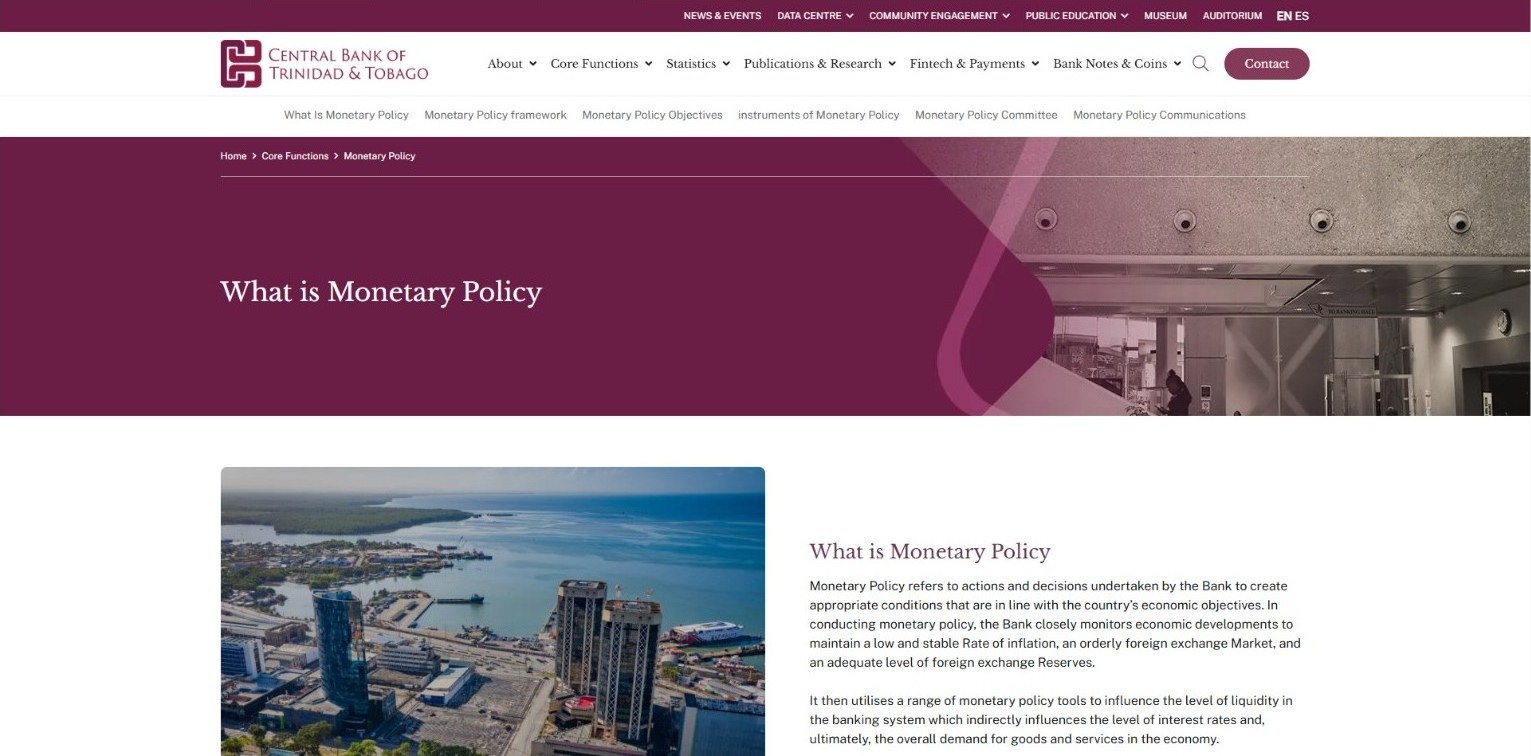 Central Bank monetary policy page explaining the framework and objectives