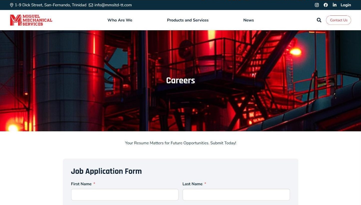 Careers page with a job application form