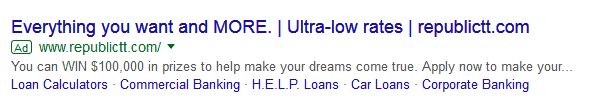 Republic Bank’s Google Ad and subsequent landing page – is this a loan application like the landing page states, or is it a competition, as shown in the ad?