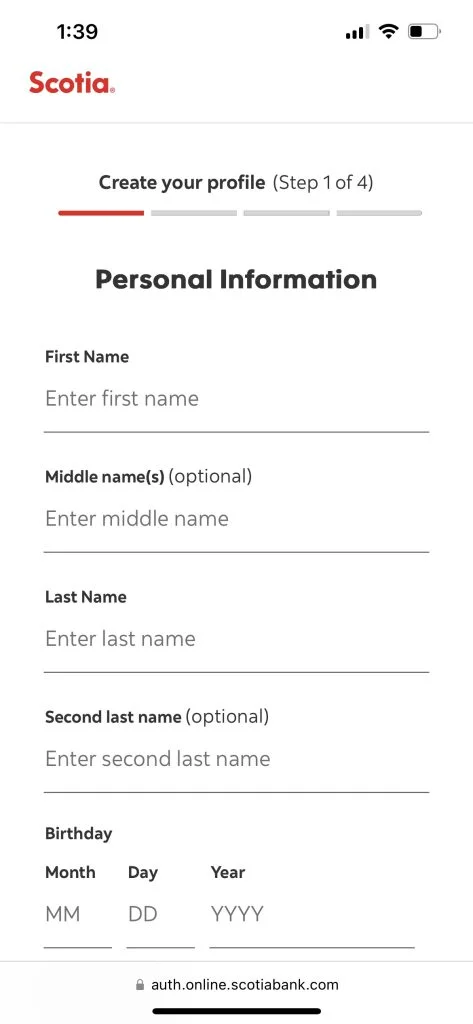 Scotiabank indicates authorized browsing while highlighting numbered stages of the application form