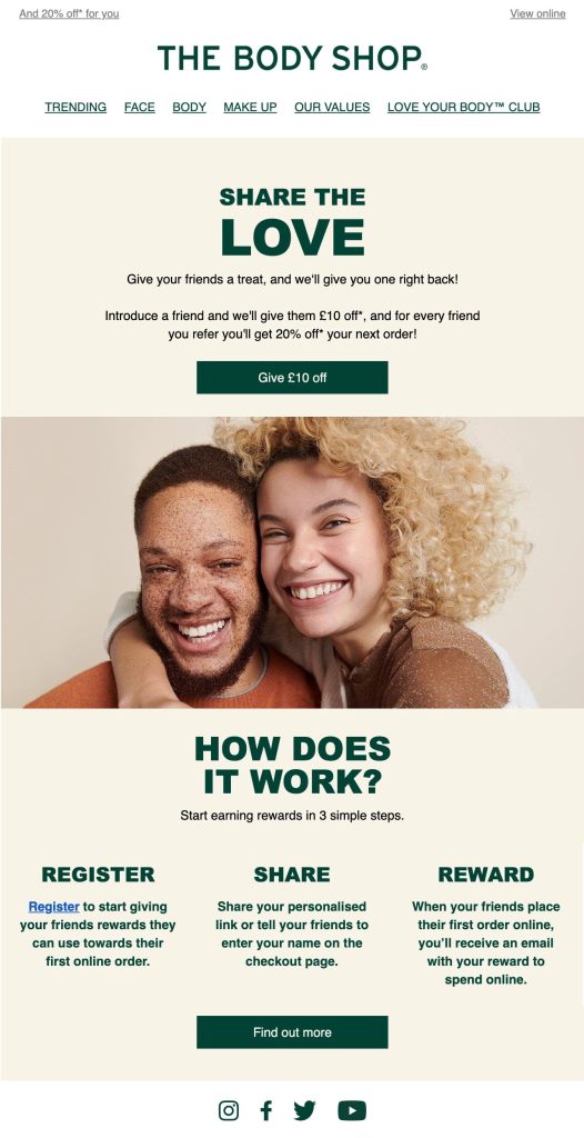 The Body Shop referral program directly highlights the incentive involved and the steps your audience must take to redeem the offer